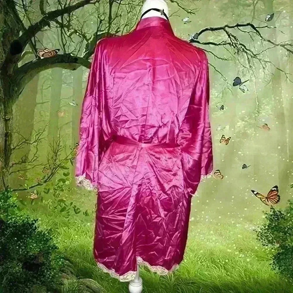 Victoria’s Secret Hot Pink Satin Robe With Beige Lace - Picture 6 of 10